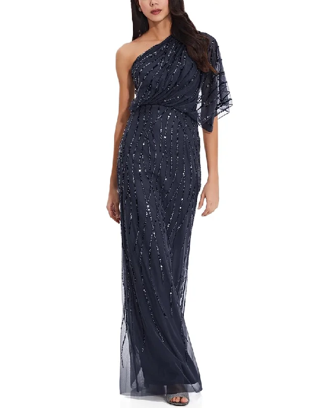 Adrianna Papell Long One Shoulder Beaded Dress