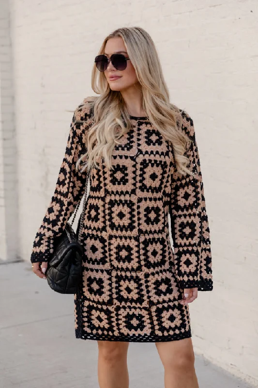 Build Courage Black and Tan Crochet Long Sleeve Lined Mini Dress FINAL SALE