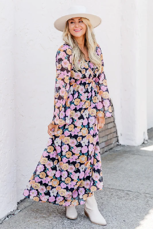 Dance The Night Away Black Multi Floral Long Sleeve Maxi Dress FINAL SALE