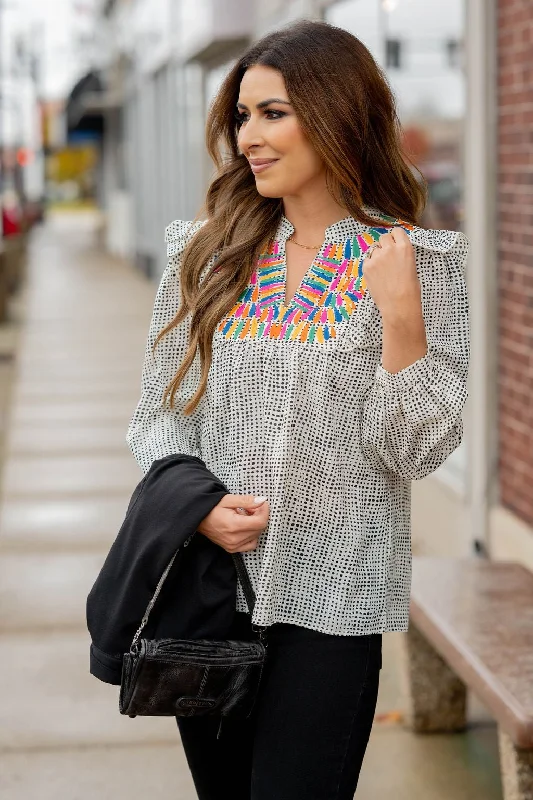 Embroidered Dotted Flutter Blouse