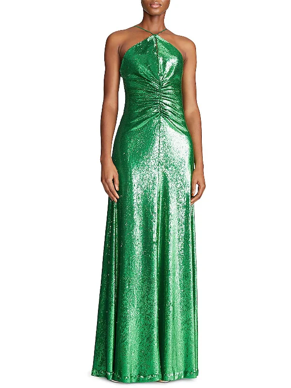 Maya Womens Sequined Halter Evening Dress