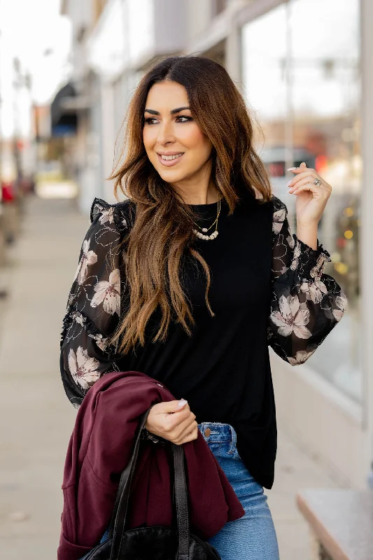 Sheer Floral Ruffle Sleeve Blouse