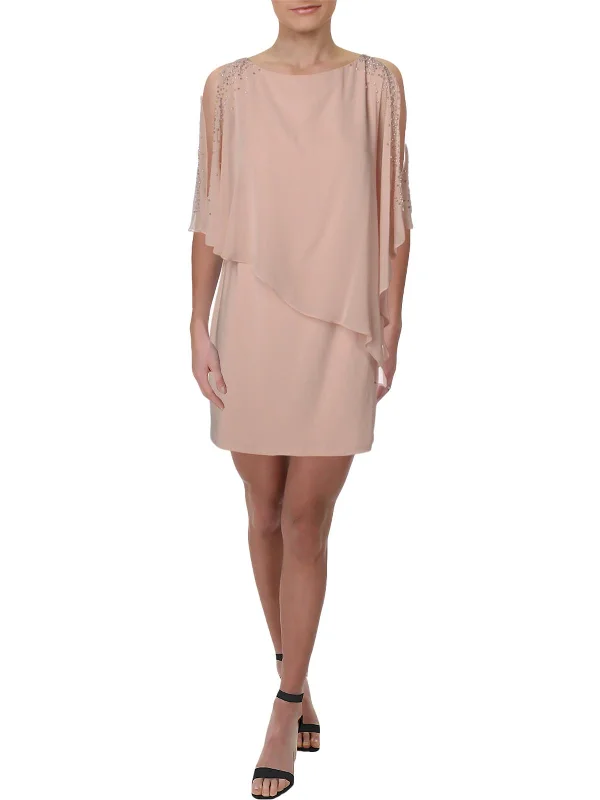 Womens Chiffon Embellished Capelet Dress