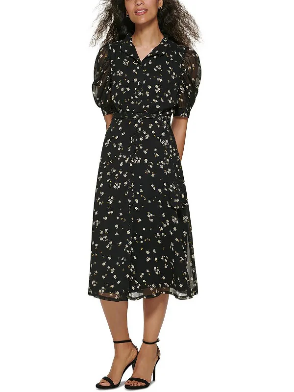 Womens Chiffon Floral Print Midi Dress