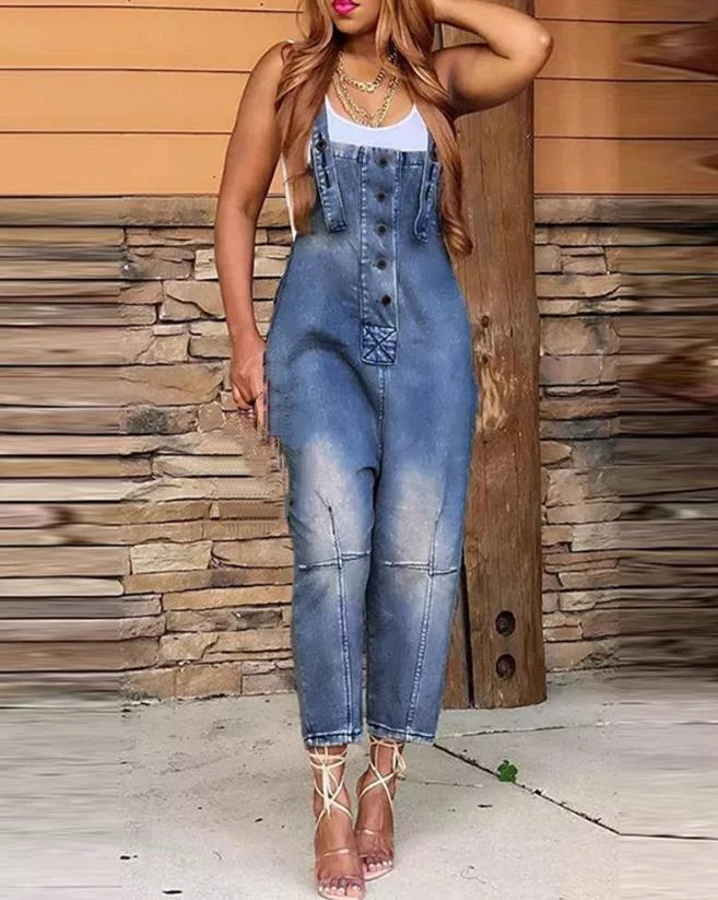 FZ Women's Elegant Sleeveless Pocket Design Buttoned Suspender Denim Jumpsuit