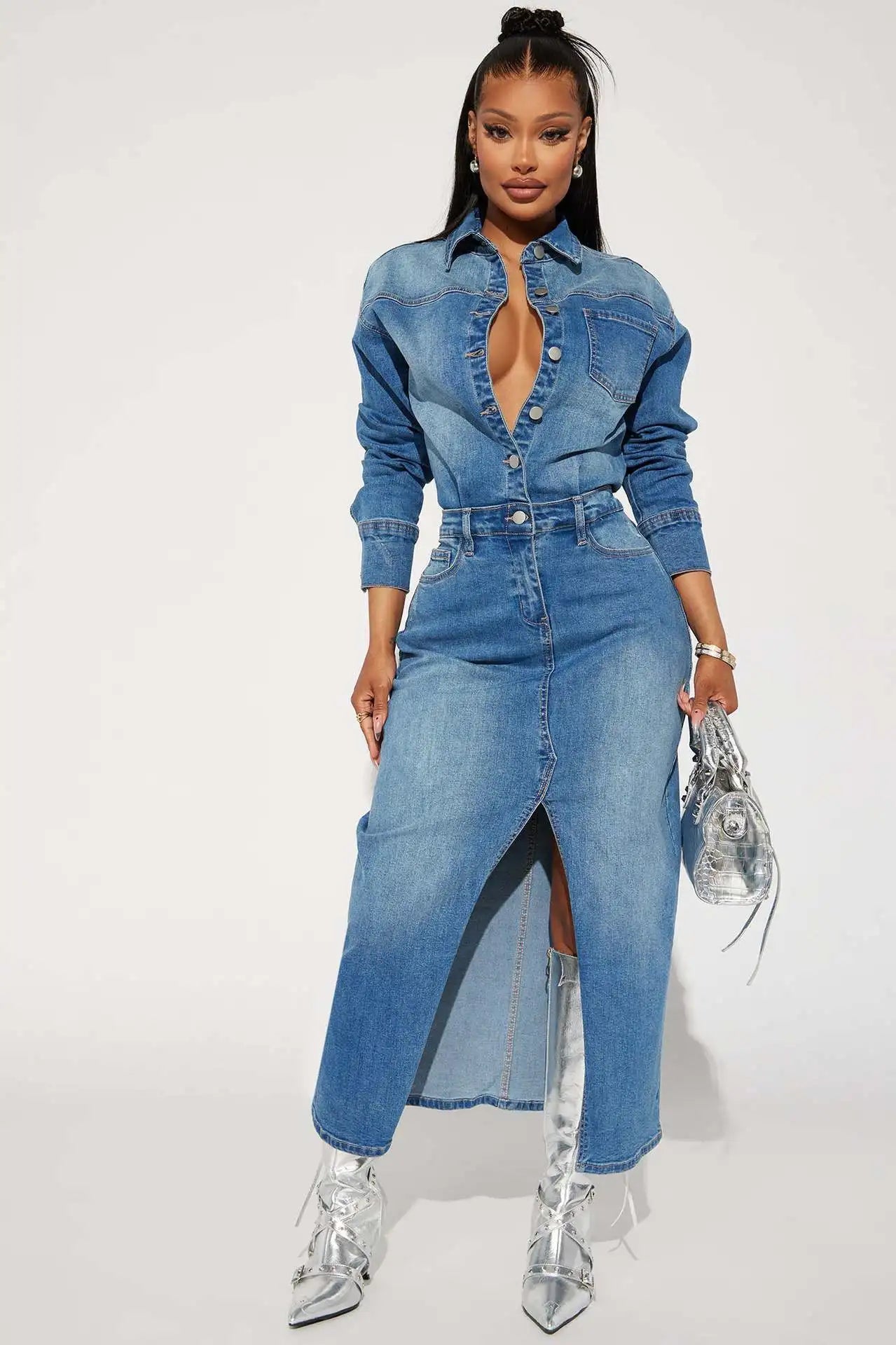 FZ Women's High-Waisted's Semi-High Neck Denim Dress