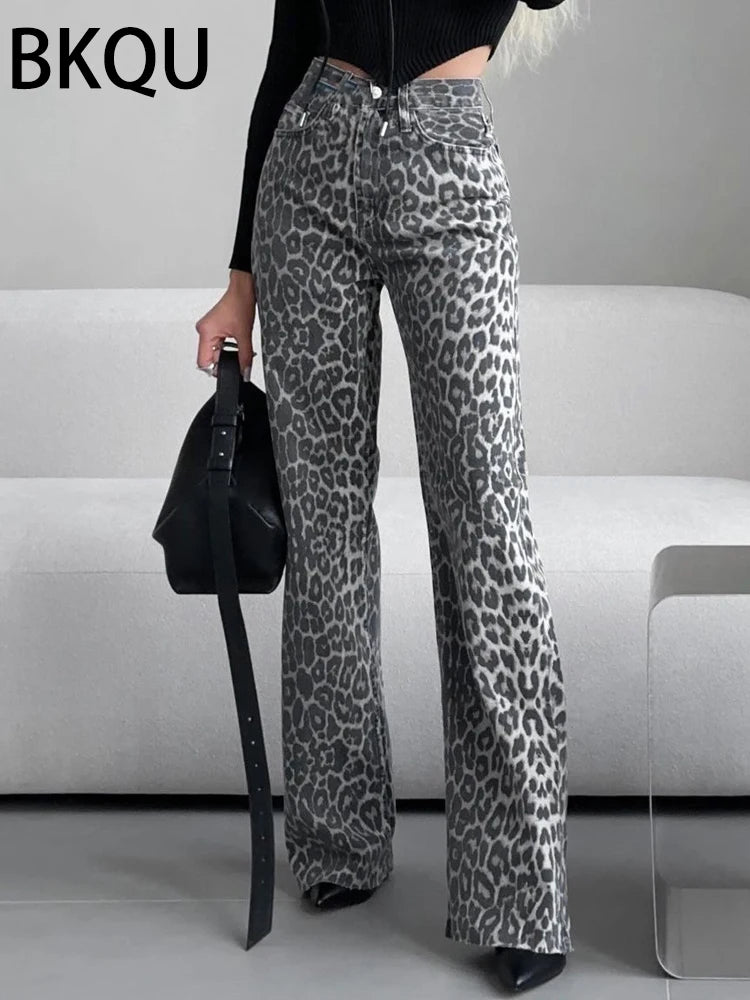 FZWomen's  Leopard Print High Waist  Wide Leg Denim Pants