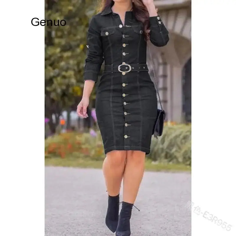 FZ Women's Long Sleeved Casual High Waist Single Breasted Denim Dress