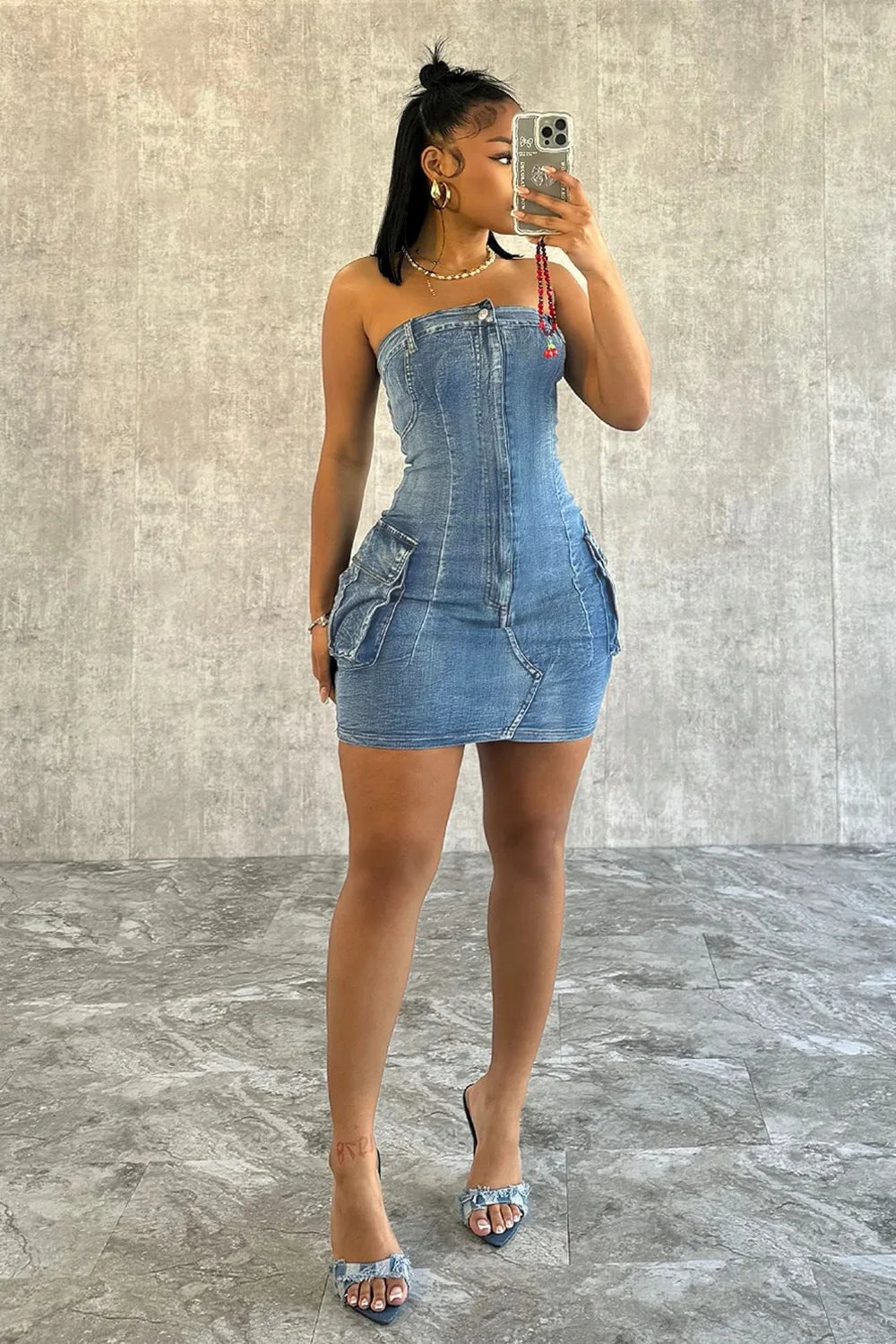 FZ Women's Sexy Off Shoulder Backless Tube Denim Dress