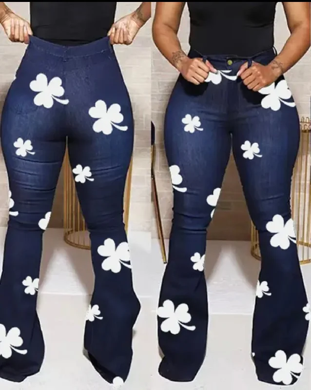 FZ Women's Shamrock Print High Waist Flared Leg Denim Pants