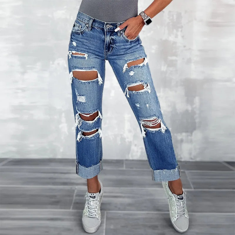 FZ Women's Ripped High Waist Fashion Hole Wash Denim Pants