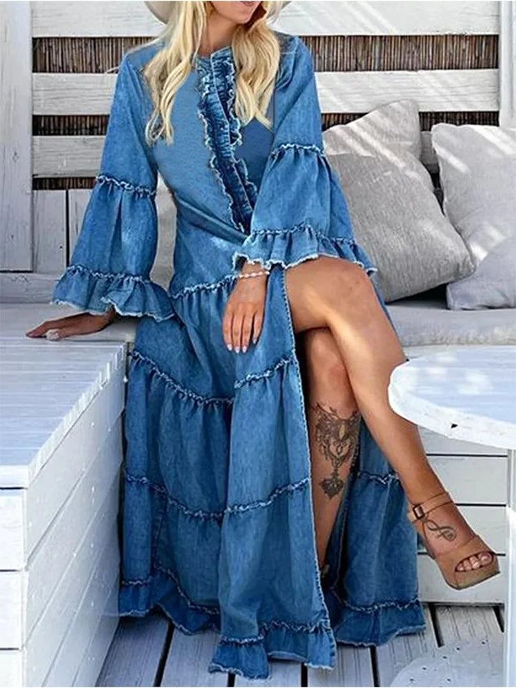 FZ Women's Plus Size  Ruffle Split Tiered Flare Sleeve Maxi Denim Dress