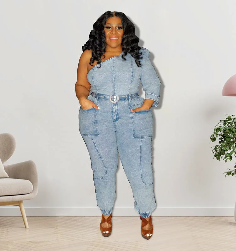 FZ Women's Plus Size Single Sleeve Fashion Denim Jumpsuit