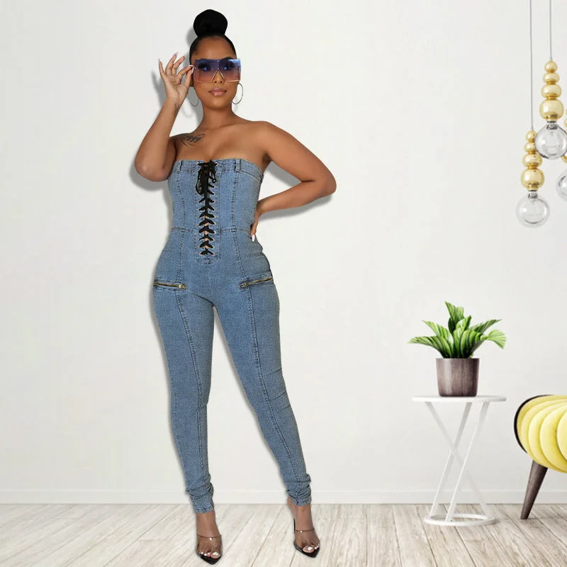 FZ Women's off Shoulder Corset Denim Jumpsuit